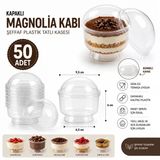 50 Adet Kapaklı Tatlı Kabı Magnolia Kasesi Şeffaf Plastik 200 Cc Magnolya Kase