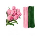 50 Adet Pembe Ve Koyu Yeşil Renkli Şönil , Çiçek Yapım Seti, Tüylü Tel, 30 Cm, Peluş Te