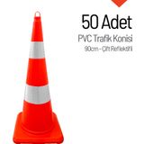50 Adet Pvc Trafik Konisi 90 cm Çift Reflektifli Trafik Dubası Seti