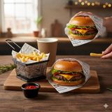 50 Adet Retro Gazete Desenli Ambalaj Kağıdı - 35x25 cm Yağ Geçirmez Sandviç ve Burger Kağıdı - Gıda ile Temasa Uygun Kraft Fırıncı Kağıdı