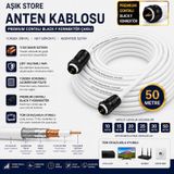 50 Metre Premium Anten Kablosu %100 Bakır İç İletken Contalı Black F Konnektör Çakılı Koaksiyel Tv Uydu Kablosu