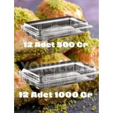 500 Gr + 1000 Gr Tatlı Taşıma Kabı Seti 12+12 Adet Şeffaf Kapaklı Sızdırmaz Plastik Baklava Güllaç Paket Servis Kabı