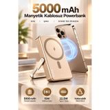 5000 mAh Manyetik Kablosuz Powerbank 15W Hızlı Şarj, 22.5W Type-C Giriş/Çıkış, Katlanabilir Metal Standlı, 5 LED Pil Göstergeli Kompakt Taşınabilir Şarj Cihazı Gold