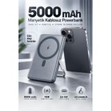 5000 mAh Manyetik Kablosuz Powerbank 15W Hızlı Şarj, 22.5W Type-C Giriş/Çıkış, Katlanabilir Metal Standlı, 5 LED Pil Göstergeli Kompakt Taşınabilir Şarj Cihazı Gri