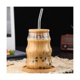 500ML Bambu Kapaklı Cam Bardak, Cam Pipetli Silikon Kapak Contalı Desenli Soğuk Içecekler Kahve Meyve Suları ve Çayları Için Şık Ergonamik Tasarım