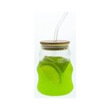 500ML Bambu Kapaklı Cam Bardak, Cam Pipetli Silikon Kapak Contalı Ince Çizgi Desenli Soğuk Içecekler Için Kahve Meyve Suları ve Çayları Için Ergonomik Şık Tasarım