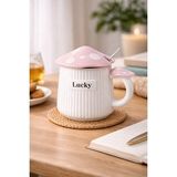 500ml Lucky Mantar Tasarımlı Kapaklı Seramik Kupa – Kaşıklı Mavi Dekoratif Kahve Kupası (Pudra Pembe)