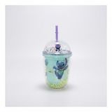 500ml Stitch Figürlü Pipetli Köpük Boncuklu Bardak Mor Renk Şeffaf Kapaklı Çocuk Matara (Ebru Yeşil)