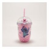 500ml Stitch Figürlü Pipetli Köpük Boncuklu Bardak Mor Renk Şeffaf Kapaklı Çocuk Matara (Pudra Pembe)