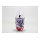 500ml Stitch Figürlü Pipetli Köpük Boncuklu Bardak Mor Renk Şeffaf Kapaklı Çocuk Matara (Y. Mor)