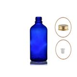 50ML Mavi Şişe, Sarı Metal Düz Kapaklı, 24 Adet, Cam Şişe, Esans Şişesi, Yağ Şişesi, Kozmetik Şişesi