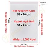 50X70+5 Cm. (50X75) 1.000 Adet Şeffaf Bantlı Yapışkanlı Jelatin Poşet