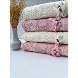 50X90 4'lü %100 Pamuklu Kadife Dantelli Güpürlü Fiyonklu Çeyizlik El ve Yüz Havlusu - Pembe - 50 x 90 cm