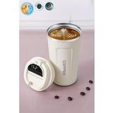 510ml Termos, Dokunmatik Derece Göstergeli Bardak Termos, Vakumlu Termos, Mug Termos, Çelik Termos (Krem)