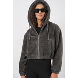 5193 Kapüşonlu Peluş Crop Ceket - Antrasit - 42