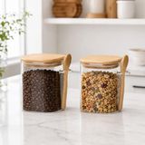 550 ml Kaşıklı Cam Kavanoz 2'li Set, Bambu Kapaklı Şeffaf Cam Saklama Kabı, Çay Kahve Şeker Baharat Kuruyemiş Kavanozu, Mutfak Düzenleyici Kaşıklı Bah - Çok Renkli - Standart