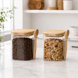 550 ML Kaşıklı Cam Kavanoz 2’li Set, Bambu Kapaklı Şeffaf Cam Saklama Kabı, Çay Kahve Şeker Baharat Kuruyemiş Kavanozu, Mutfak Düzenleyici Kaşıklı Baharatlık Seti