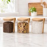 550 ML Kaşıklı Cam Kavanoz 3’lü Set, Bambu Kapaklı Şeffaf Cam Saklama Kabı, Çay Kahve Şeker Baharat Kuruyemiş Kavanozu, Mutfak Düzenleyici Kaşıklı Baharatlık Seti