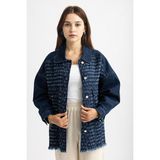 5525 - Elişi Süslemeli Rahat Şık Kadın Kot Ceket - Mavi - L - XL