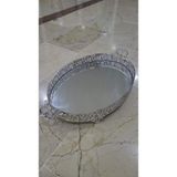 57X32X8CM Oval Aynalı Cam Metal Çift Kulplu Ayaklı Çay Tepsi Eskitme 1 Adet