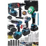 58V Profesyonel Şarjlı 4'Lü Set, Batarya Enerjili, Darbeli Matkap, Hilti, Taşlama, Somun Sıkma, 3 Akülü