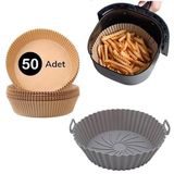 5DM-Silikon Airfryer Gri 20 Cm ve 50 Adet Tek Kullanımlık Pişirme Kağıdı Yuvarlak Tabak Model