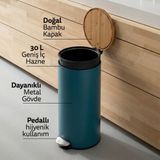 5Five Simply Smart Modern Çöp Kutusu - Metal Pedallı, Bambu Kapak, 30 L, Petrol Mavisi