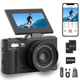 5K Dijital Fotoğraf Makinesi, 75 MP WiFi Dijital DSLR Fotoğraf Makinesi 180° Katlanabilir 3" LCD Ekran, Otomatik Zoom, 64 GB Kart, 2 Pil, Kompakt Seyahat Vlogging Kamerası