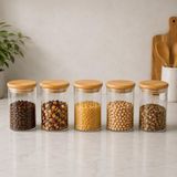 5'li 250 ml Bambu Kapaklı Cam Kavanoz Seti, Silikon Contalı Şeffaf Baharatlık ve Saklama Kabı, Çay Kahve Şeker Baharat Kuruyemiş Kavanozu - Çok Renkli - Standart