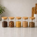 5’li 250 ML Bambu Kapaklı Cam Kavanoz Seti, Silikon Contalı Şeffaf Baharatlık ve Saklama Kabı, Çay Kahve Şeker Baharat Kuruyemiş Kavanozu