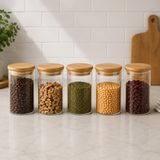 5’li 300 ML Bambu Kapaklı Cam Kavanoz Seti, Silikon Contalı Şeffaf Baharatlık ve Saklama Kabı, Çay Kahve Şeker Baharat Kuruyemiş Kavanozu