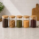 5’li 300 ML Bambu Kapaklı Cam Kavanoz Seti, Silikon Contalı Şeffaf Baharatlık ve Saklama Kabı, Çay Kahve Şeker Baharat Kuruyemiş Kavanozu