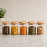 5’li 350 ML Bambu Kapaklı Cam Kavanoz Seti, Silikon Contalı Şeffaf Baharatlık ve Saklama Kabı, Çay Kahve Şeker Baharat Kuruyemiş Kavanozu