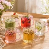 5’li 400 ml Kelebek Detaylı Borosilikat Cam Kupa Seti, Pembe Cam Kulplu Çay Kahve ve Soğuk İçecek Bardağı