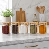 5’li 500 ml Kaşıklı Cam Kavanoz Seti, Bambu Kapaklı Şeffaf Baharatlık ve Saklama Kabı, Kahve Çay Şeker Tuz ve Kuru Gıda İçin