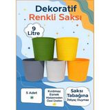 5'li 9 Litre Renkli Kırılmaz Saksı Seti + 1 Litre Sulama Hediyeli | Esnek Malzeme - Tabaksız