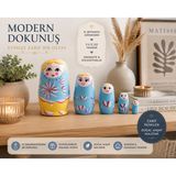 5'li Ahşap Matruşka Rus Bebek Seti El Boyaması İç İçe Geçen Dekoratif Oyuncak Ev Dekoru Hediye MAVİ