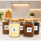 5'li Ahşap Vakum Kapaklı Cam Hazır Kahve Süt Tozu Çay Filtre Kahve Türk Kahvesi Saklama Kavanozu Seti Etiket Hediyeli - Açık Kahverengi - Şeffaf - 5 Adet - 800 ml