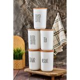 5'li Ahşap Vakum Kapaklı Transfer Etiketli Coffe Grubu/tea/sugar Akrilik Kavanoz 900ML Saklama Kabı - Beyaz - 900 ml - 5 Adet