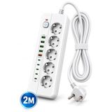 5'li Akım Korumalı Priz 3500W 16A, 4 USB-A ve 5 Type-C Çıkışlı, QC 3.0 20W Hızlı Şarj, 2 Metre Kablolu Çoklu Priz PS-5
