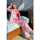 5'li Bustiyerli Biyeli Pembe Saten Pijama Takımı