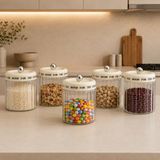 5’li Çizgili Cam Baharatlık Seti, Krem Plastik Kapaklı Saklama Kavanozu, 12 x 12 x 16 cm, Kahve Kuruyemiş Bakliyat Makarna ve Kuru Gıdalar İçin