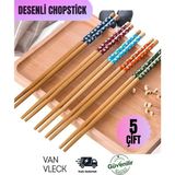 5’li Desenli Bambu Chopstick Seti – Yıkanabilir Suşi, Ramen, Noodle ve Yemek Çubukları - Çok Renkli