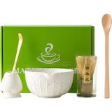 5'li Matcha Çay Seti, Bambu Süpürge, Kaşık, Kürek ve Seramik Kase ile - Beyaz