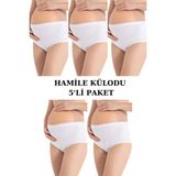 5'li Paket Beyaz Kadın Pamuklu Likralı Yüksek Bel Hamile Lohusa Külot