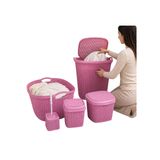 5’li Premium Örgü Desenli Banyo Seti – Çöp Kovası, Kirli Sepeti, Klozet Fırçası, Organizer Sepet – Bpa Içermez Dayanıklı Plastik Şık Banyo Seti