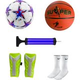 5'li Set Yetişkin Çocuk Sert Zemin Futbol Topu Basketbol Topu Seti+Pompa+Tekmelik+Çorap - Beyaz