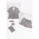 5'li Siyah Beyaz Çizgili Saten Pijama Şort Takım