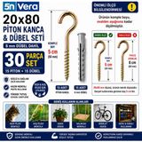 5N Vera 20X80 Piton Kanca ve 8 mm Dübel Seti 30 Parça | 15 Piton + 15 Dübel | Kedi & Kuş Filesi Balkon Montaj Aparatı | Çelik Tavan Duvar Askı Kancası