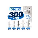 5N VERA 300 Adet Karışık Plastik Dübel Seti – 5 Farklı Boy 6-7-8-10-12 mm | Duvar, Beton, Tuğla, Briket ve Gazbeton Montaj Dübeli